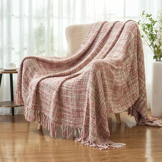 Multi-Color Light Pink Cable Knitted Throw Blanket for Couch,60"X80" Boho Style Textured Blankets for Home Decor,Super Soft Warm Cozy Chunky Knit Blanket with Decorative Tassels for Bed