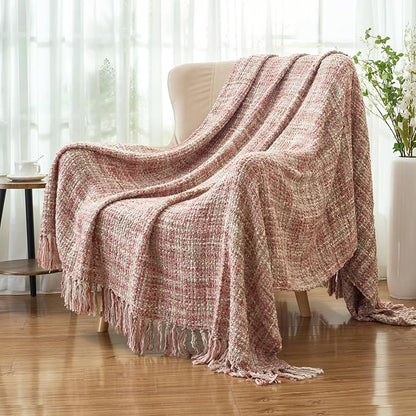 Multi-Color Light Pink Cable Knitted Throw Blanket for Couch,60"X80" Boho Style Textured Blankets for Home Decor,Super Soft Warm Cozy Chunky Knit Blanket with Decorative Tassels for Bed