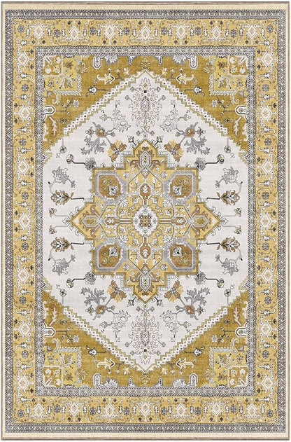 OPPODREAM Thin Area Rugs 4x6, Low-Pile Washable Rugs 4x6 with Non Slip Backing, Faux Cashmere 4 x 6 Throw Carpet, Yellow