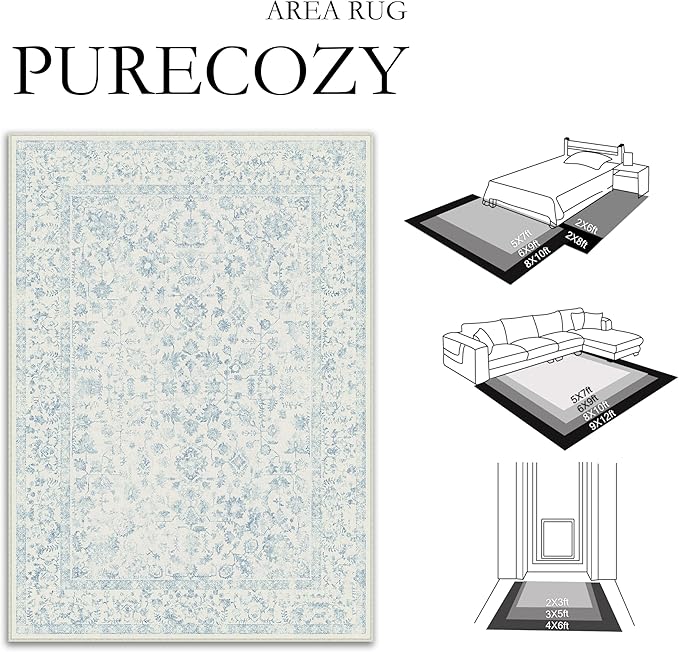 3x5 Blue Area Rug Non Slip Vintage Office Entryway Rug Distressed Machine Washable Kitchen Carpet Traditional Retro Floral Accent Throw Door Mat for Bedroom Bathroom Dining Living Room