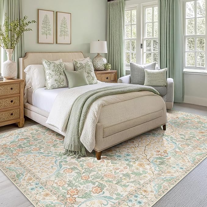 MUJOO Floral 5x7 Area Rugs,Washable Rug for Living Room Bedroom Office Dining Room,Large Throw Carpet,Boho Non Slip Indoor Floor Big Soft Neutral Vintage Ultra-Thin Light Green and Beige