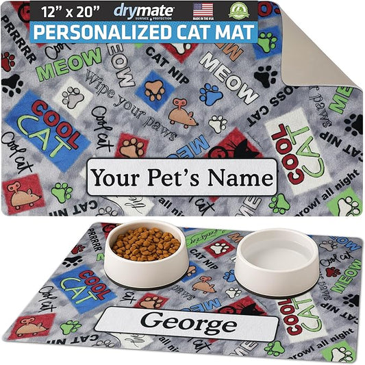 Drymate Personalized Pet Bowl Placemat, Custom Dog & Cat Food Feeding Mat - Absorbent Fabric, Waterproof Backing - Machine Washable/Durable (USA Made) (12" x 20") (Cool Cat - Grey)