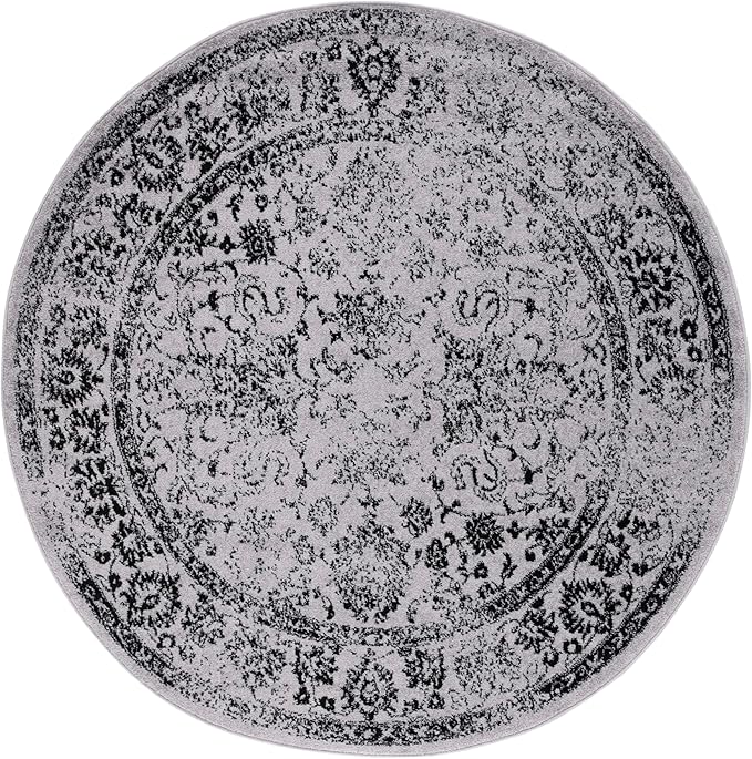 SAFAVIEH Adirondack Collection Area Rug - 6' Round, Grey & Black, Distressed Vintage Floral Design, Non-Shedding & Easy to Clean, Ideal for Living Room, Bedroom, Dining Space (ADR109B)