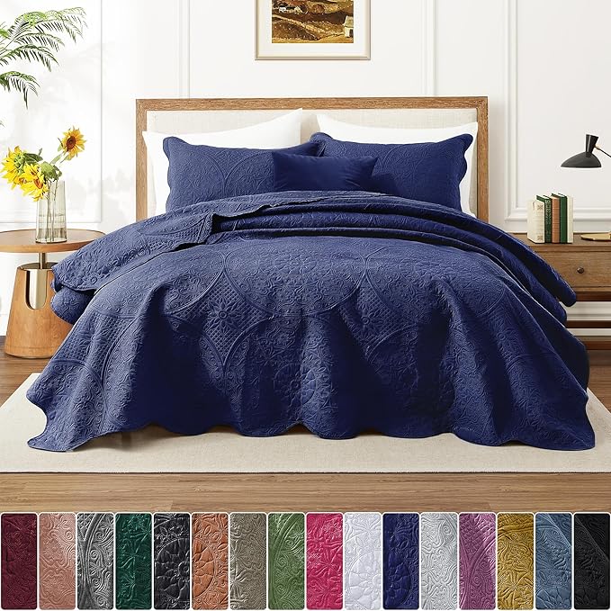 IR Imperial Rooms King Quilt Bedding Set Size (106" x 96") + 2 Pillow Shams (20" x 36"+ 2") - 3 Pcs All Season Lightweight Reversible Microfiber Coverlet Floral Embossed Quilt Bedspread (Blue)