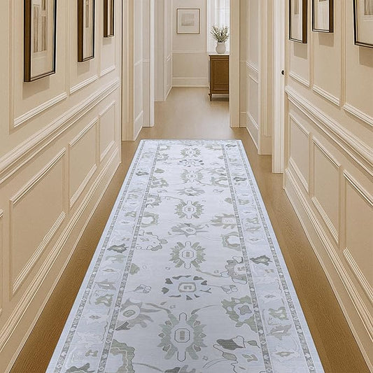 Fame Living Cream Beige Oushak Runner Rug, Modern Runners, Vintage, Turkish, Eclectic, Floral, Pastel, Washable, Runner for Hallway, Kitchen, Bedroom, Bathroom, 2'5"x9'8"