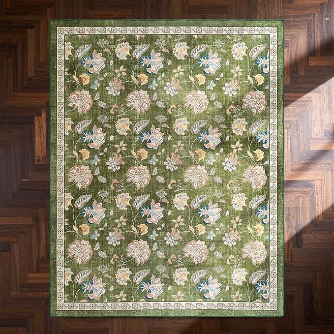 jinchan Elora 8x10 Floral Rug for Living Room Washable Bedroom Rug Vintage Romance Christmas Design Non Slip Thin Indoor Floor Cover Large Low-Profile Throw Carpet for Dining Room Office, Green