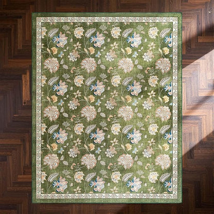 jinchan Elora 8x10 Floral Rug for Living Room Washable Bedroom Rug Vintage Romance Christmas Design Non Slip Thin Indoor Floor Cover Large Low-Profile Throw Carpet for Dining Room Office, Green