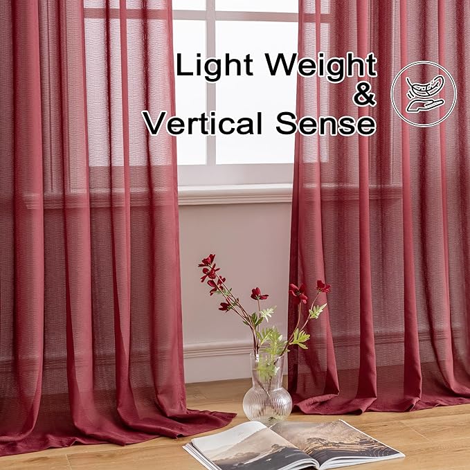 MAIHER 63 Inch Length Pinch Pleat Curtains for Bedroom Light Filtering Burgundy Sheer Curtain Panels Soft Touch Pleated Drapes with Adjustable Hooks (No Rings), Burgundy, 42" W x 63" L, 2 Panels