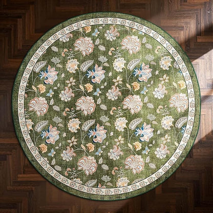 jinchan Elora 5ft Floral Round Rug for Entryway Washable Rug Vintage Romance Christmas Design Non Slip Indoor Doormat Lightweight Low-Profile Throw Carpet for Living Room Dining Room Bedroom, Green