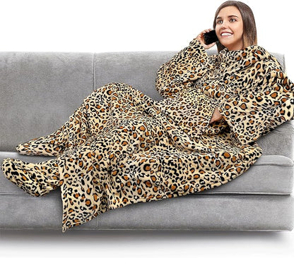 PAVILIA Fleece Blanket with Sleeves, Foot Pockets for Women Men Adults, Plush Wearable Blanket Throw Wrap, Warm Snuggle Blanket Robe, Cozy Gift Ideas Wife Mom, Cheetah Print