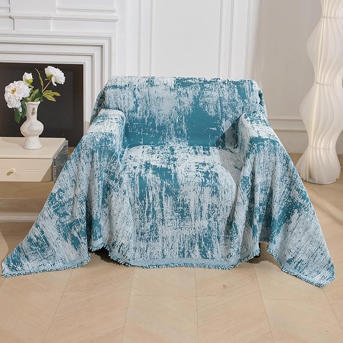 MEETSKY Small Couch Cover Oversized Chair Cover Washable Boho Recliner Slipcover, Pet Friendly Couch Protector with Tassels, Abstract Geometric Design, 71" x 91", Blue
