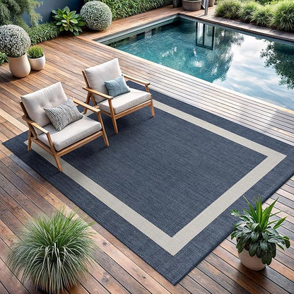 CAMILSON Outdoor Rug 10x14, Large Modern Outside Rugs for Patios Porches Waterproof Durable Washable Non-Shedding, Easy-to-Clean Indoor Outdoor Area Carpet (10 x 14, Bordered - Blue/White)