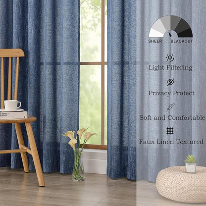 Simplebrand Navy Blue Faux Linen Textured Semi Sheer Curtains 72 Inches Long 2 Panels Set, Light Filtering Privacy Farmhouse Curtains, Soft Window Drapes Rod Pocket Top for French Door, 40W x 72L
