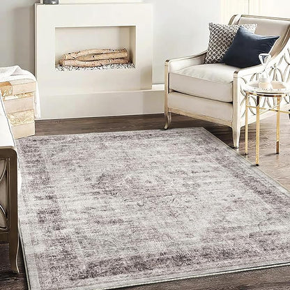 Area Rug 5'x7' Washable Rug Floral red Vintage Traditional Floor Cover Thin Retro Kitchen Indoor Distressed Non Slip Carpet for Living Room Bedroom Dining Room