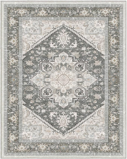 OPPODREAM Thin 8x10 Area Rugs, Washable Rugs 8x10 with Non Slip Backing, Faux Cashmere Low-Pile 8 x 10 Carpet, Greenish Grey