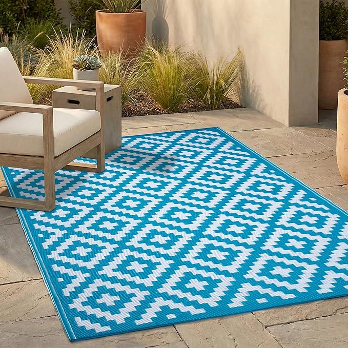 FH Home Outdoor Rug - Waterproof, Fade Resistant, Reversible - Premium Recycled Plastic - Geometric - Large Patio, Deck, Sunroom, Camping, RV - Aztec - Teal & White Crease Free - 6 x 9 ft
