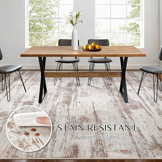 Abstract Living Room Rug 5x7 - Modern Washable Soft Thin Area Rug for Living Room Bedroom Under Dining Table - Neutral Indoor Floor Rug Carpets for Home Office Playroom Nursery - Light Brown