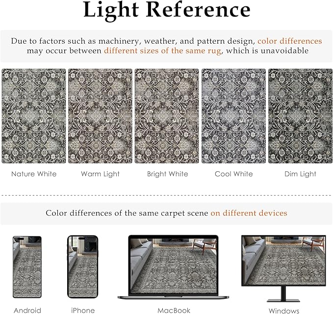 Vintage Area Rug 8x10 Black Washable Living Room Large Carpet Non Slip Bedroom Indoor Office Low Pile Traditional Distressed Retro Accent Rug for Dining Room