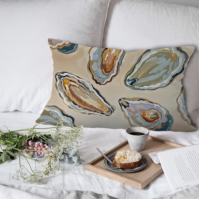 Abstract Oyster Coastal Beach Pillow Covers 12x20, Beachy Room Decor Aesthetic, Retro Coastal Ocean Oyster Shell Decorative Lumbar Pillow Covers for Home Bedroom Living Room