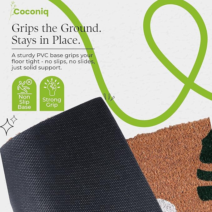 Coir Door Mats 17" X 30", Non-Slip Sturdy, PVC Backed Heavy Duty, Easy to Clean, Ideal for Door Entrance, Patio, Porch, Backyard, Garages, Hello - Green Leaves