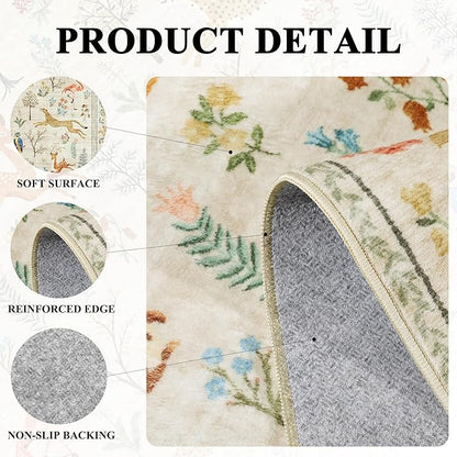 DUKINO 3x5 Rug, Washable Animal Area Rug with Non Slip Vintage Design, Indoor Soft Low Pile Carpet for Bedroom, Nursery, Dining Room, Farmhouse, Playroom, White
