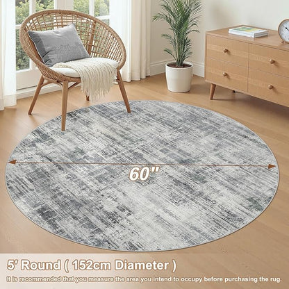 5ft Round Area Rug for Living Room: 5x5 Washable Neutral Abstract Modern Soft Rugs Non Slip Indoor Floor Stain Resistant Carpet for Bedroom Dining Room Office Nursery - Gray