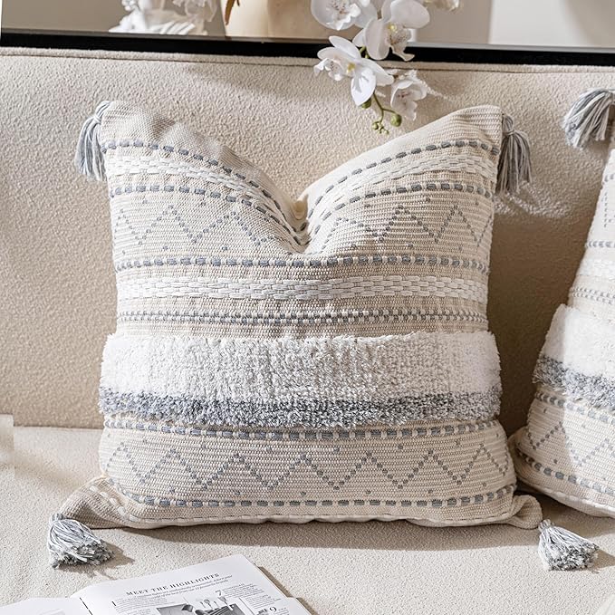 BlissBlush Gray Decorative Throw Pillow Cover 18X18 Combo Set of 2 Square Boho Neutral Grey Accent Pillowcase Tassels Farmhouse Cushion for Couch Sofa Bedroom Living Room Home Décor Cover ONLY