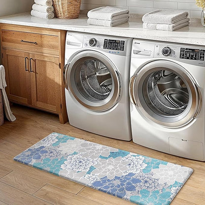 GENIMO Kitchen Mats for Floor, Kitchen Rugs Non Slip Washable Sets of 2, Waterproof Cushioned Anti Fatigue Mat, Floral Runner Rug for Laundry, Sink, Office, Home, 17.3"x47"+17.3"x30", Sky Blue