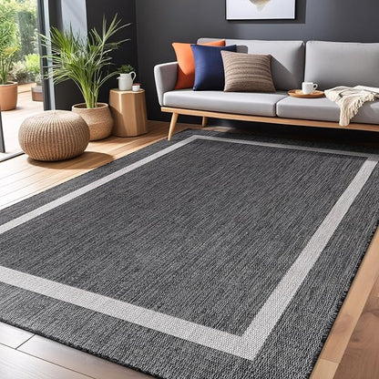 Bordered Outdoor Rug 9x12 Washable Outside Carpet for Indoor Patio Porch Waterproof Easy Cleaning Non Shedding Area Rugs Gray 9 x 12