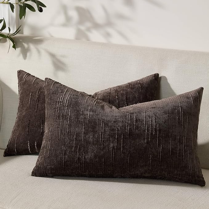 Set of 2 Soft Textured Throw Pillow Covers 12x20, Invisible Zipper Neutral Cushion Cases, Easy - Care Decorative Farmhouse Decor for Living Room Couch (Dark Brown, 12" x 20" (Pack of 2))