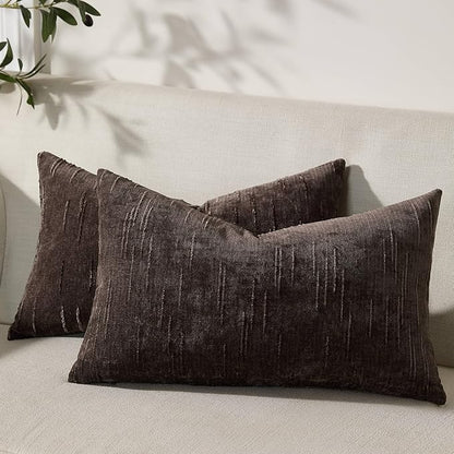 Set of 2 Soft Textured Throw Pillow Covers 12x20, Invisible Zipper Neutral Cushion Cases, Easy - Care Decorative Farmhouse Decor for Living Room Couch (Dark Brown, 12" x 20" (Pack of 2))