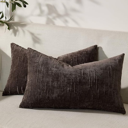 Set of 2 Soft Textured Throw Pillow Covers 12x20, Invisible Zipper Neutral Cushion Cases, Easy - Care Decorative Farmhouse Decor for Living Room Couch (Dark Brown, 12" x 20" (Pack of 2))