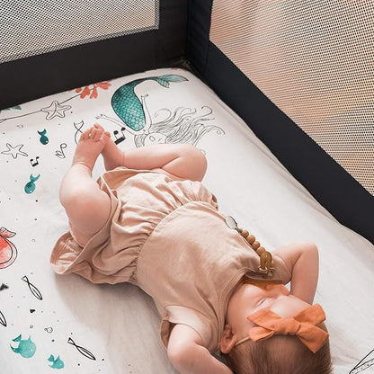 JumpOff Jo - Fitted Mini Crib Sheet for Portable Crib, Playard, and Playpen Mattresses and Mats, Super Soft 100% Cotton, 24 in. x 38 in. - Moonlight Mermaid