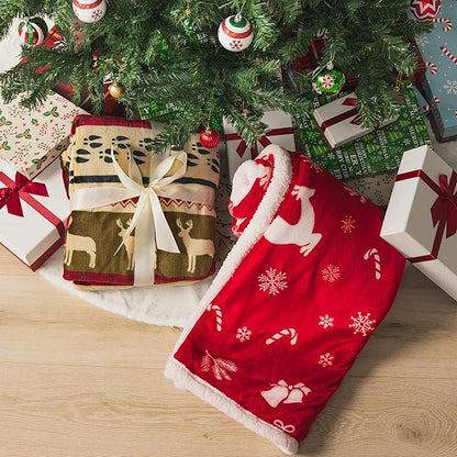PAVILIA Premium Christmas Sherpa Throw Blanket, Green Red Cabin Design with Reindeer Print, Ultra Soft Reversible Fleece & Sherpa 50x60 Cozy Winter Blanket, Cozy Christmas & Holiday Decor