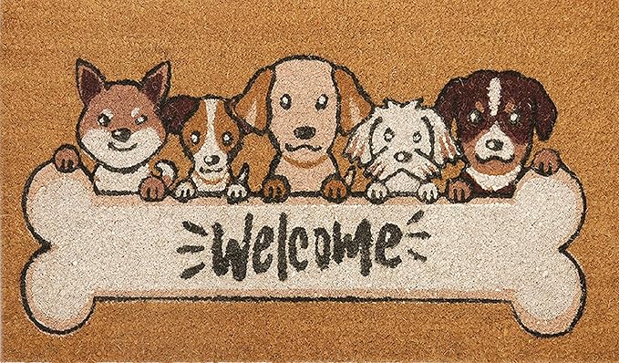 Coir Door Mats 17" X 30", Non-Slip Sturdy, PVC Backed Heavy Duty, Easy to Clean, Ideal for Door Entrance, Patio, Porch, Backyard, Garages, 5 Welcoming Puppies