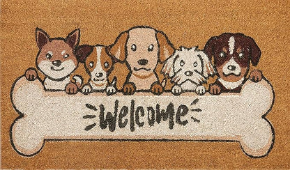 Coir Door Mats 17" X 30", Non-Slip Sturdy, PVC Backed Heavy Duty, Easy to Clean, Ideal for Door Entrance, Patio, Porch, Backyard, Garages, 5 Welcoming Puppies
