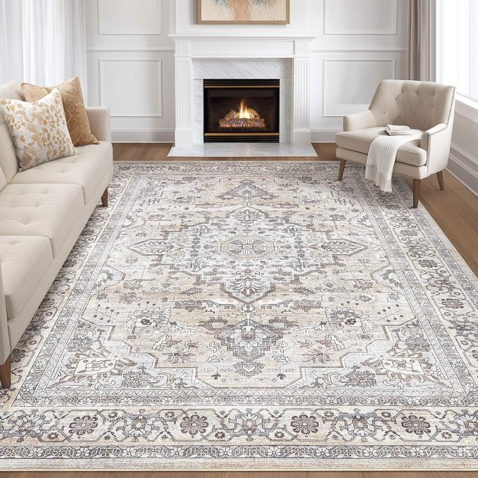 10x14 Area Rugs Living Room: Washable Boho Large Neutral Vintage Soft Rug Stain Resistant Farmhouse Non Slip Indoor Floor Carpet for Bedroom Nursery Kids Playroom Office Dining Room- Ivory Gray