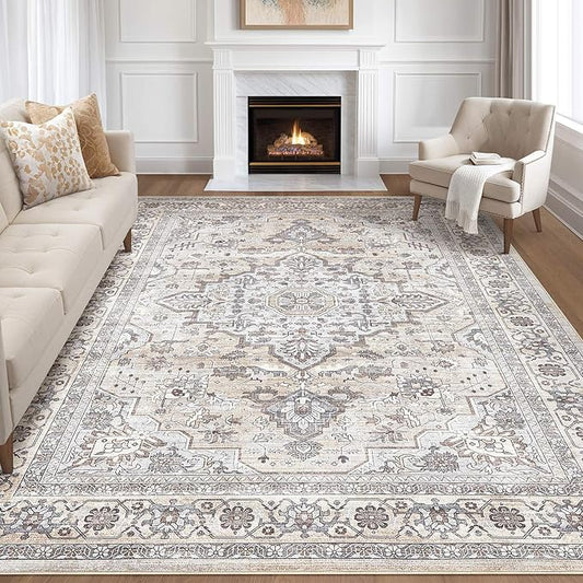 10x14 Area Rugs Living Room: Washable Boho Large Neutral Vintage Soft Rug Stain Resistant Farmhouse Non Slip Indoor Floor Carpet for Bedroom Nursery Kids Playroom Office Dining Room- Ivory Gray