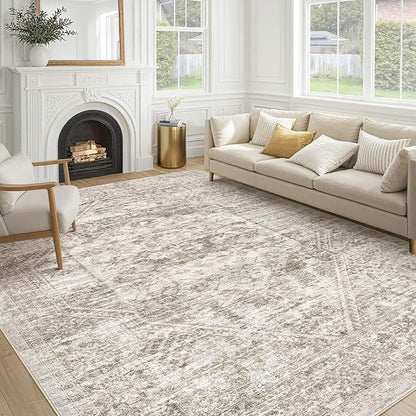 Vintage Living Room Area Rug 9x12 - Large Soft Washable Oriental Traditional Distressed Farmhouse Rugs for Bedroom - Indoor Floor Accent Carpet for Home Office House Decor - Distressed Light Brown
