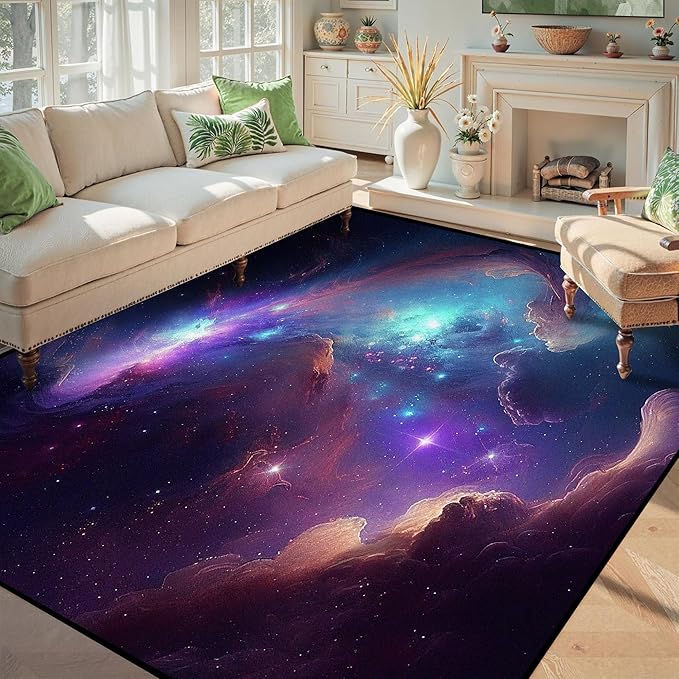 5' X 7' Galaxy Area Rug Bedroom Living Room for Girls Kids Boys Carpet Nebula Vortex Throw Rugs Purple Blue Cloud Floor Mat