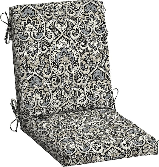 Arden Outdoor Dining Chair Cushion, 20 x 20, Rain-Proof, Fade Resistant, Black Aurora Damask