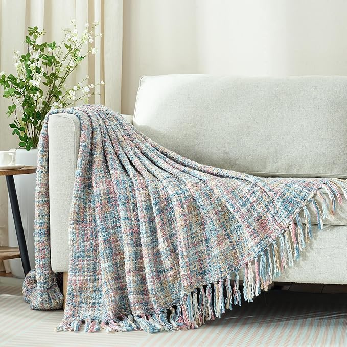 Multi-Color Pink Blue Cable Knitted Throw Blanket for Couch,60"X80" Boho Style Textured Blankets for Home Decor,Super Soft Warm Cozy Chunky Knit Blanket with Decorative Tassels for Bed