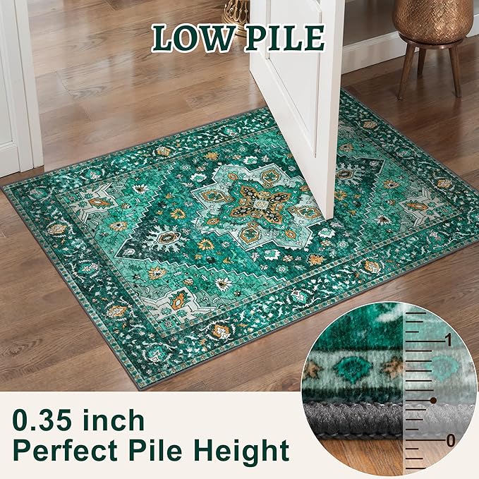 Tangsoo 2x10 Washable Runner Rug for Hallways, Non Slip Vintage, Soft Low Pile Long Rugs Runner, Print Distressed Emerald Carpet Runners for Kitchen Bedroom Entryway Bathroom Living Room