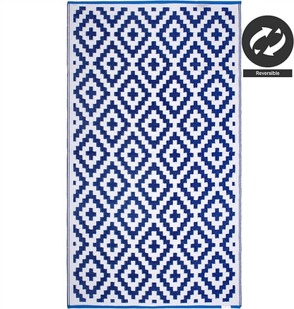 FH Home Outdoor Rug - Waterproof, Fade Resistant, Reversible - Premium Recycled Plastic - Geometric - Large Patio, Deck, Sunroom, Camping, RV - Aztec - Blue & White Crease Free - 6 x 9 ft