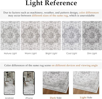 Grey Gray Area Rug 4x6 Washable Vintage Carpet for Office Living Room Soft Retro Low Pile Thin Indoor Rug Non Slip Oriental Medallion Floor Cover for Bedroom Kitchen Dining Room