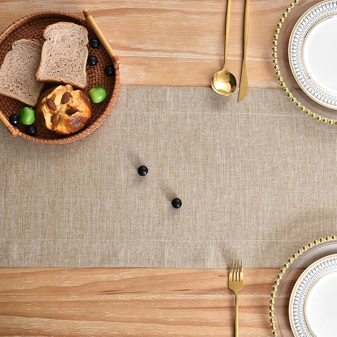 NEWISHER Farmhouse Rustic Table Runner Solid Flaxen Rectangular Table Runners Faux Linen Table Runner for Everyday Use Kitchen Dining Party Table 13x90 Inch