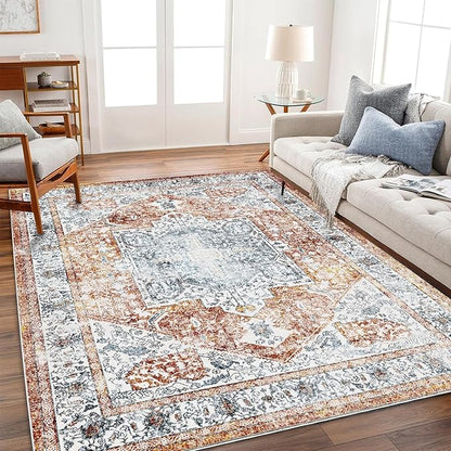 Area Rug 6x9 Washable Rug Tangerine Vintage Traditional Floor Cover Thin Retro Kitchen Indoor Distressed Non Slip Carpet Floral Print Mat Living Room Bedroom Dining Room
