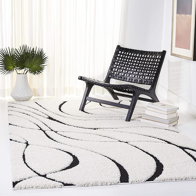 SAFAVIEH Florida Shag Collection Area Rug - 6'7" Square, Ivory & Black, Non-Shedding & Easy Care, 1.2-inch Thick Ideal for High Traffic Areas in Living Room, Bedroom (SG471-1290)