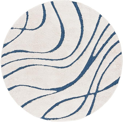 SAFAVIEH Florida Shag Collection 8' Round Cream/Blue SG471 Abstract Wave Non-Shedding Living Room Bedroom 1.2-inch Thick Area Rug