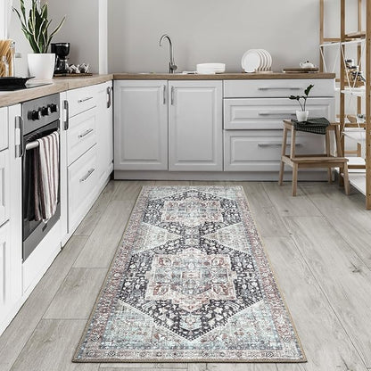 Bloom Rugs Washable Non-Slip 7 ft Runner - Charcoal/Brown Traditional Medallion Runner for Entryway, Hallway, Bathroom, and Kitchen - Exact Size: 2.5' x 7'